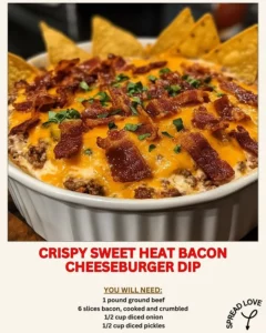 Delicious Crispy Sweet Heat Bacon Cheeseburger Dip served in a dish