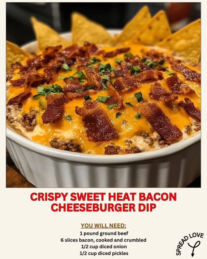 Delicious Crispy Sweet Heat Bacon Cheeseburger Dip served in a dish