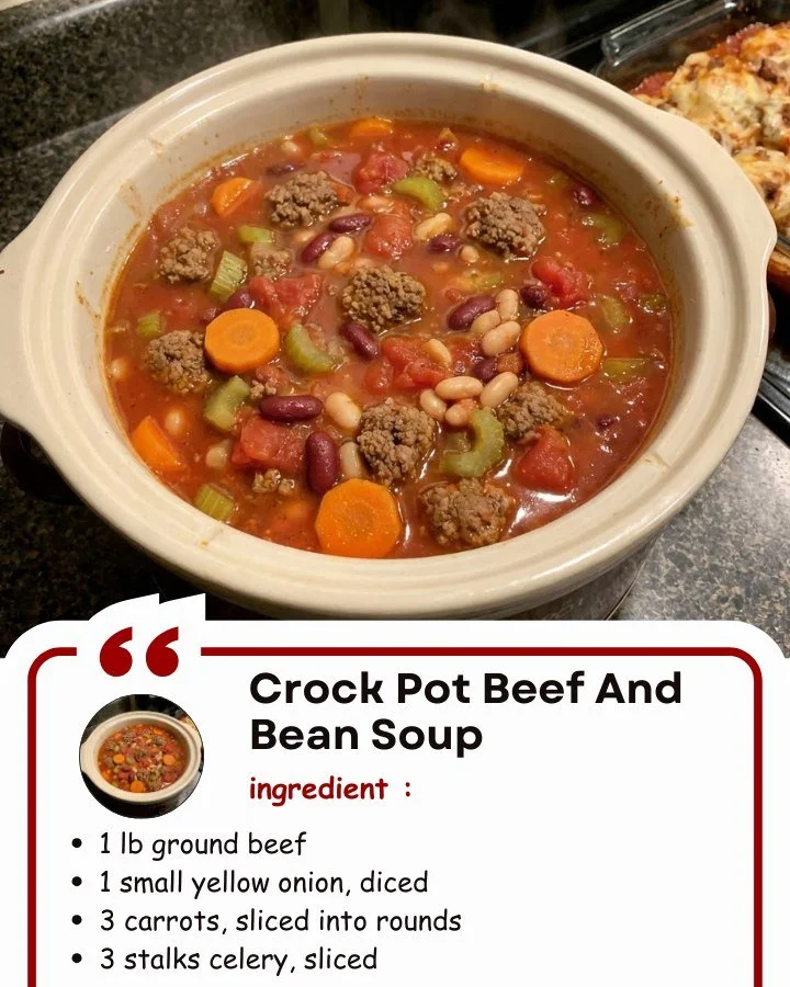 Delicious Crock Pot Beef and Bean Soup in a bowl garnished with herbs.