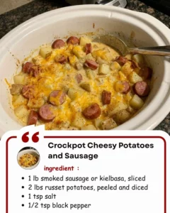 Crockpot cheesy potatoes and sausage dish served in a bowl