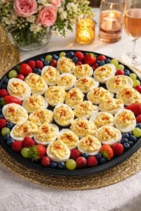 Deliciously prepared deviled eggs on a serving platter.