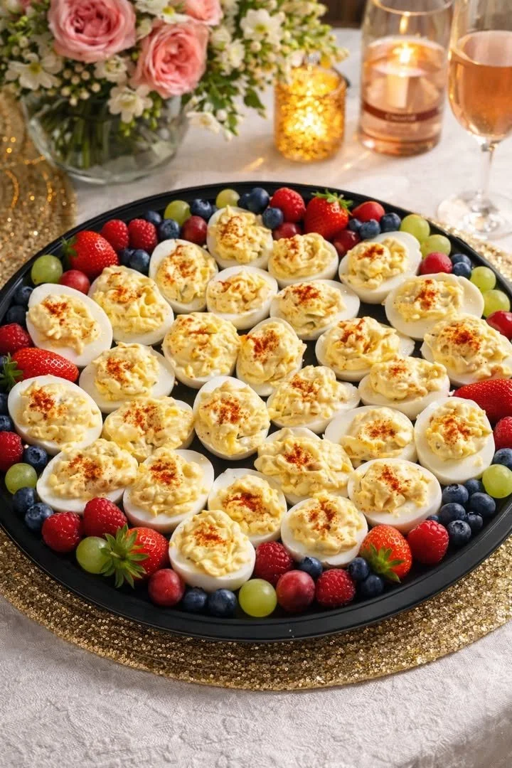 Deliciously prepared deviled eggs on a serving platter.