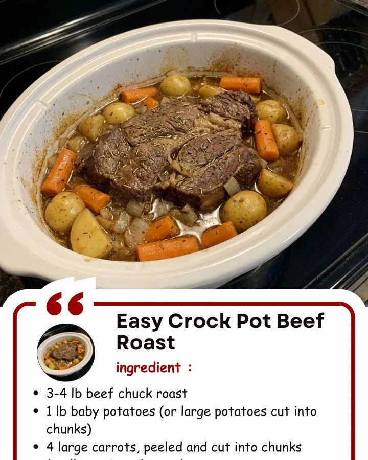 Delicious crock pot beef roast served with vegetables and herbs.