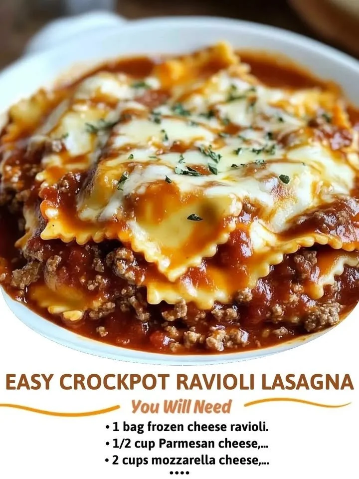 A delicious Crockpot Ravioli Lasagna prepared with layers of ravioli, cheese, and sauce.