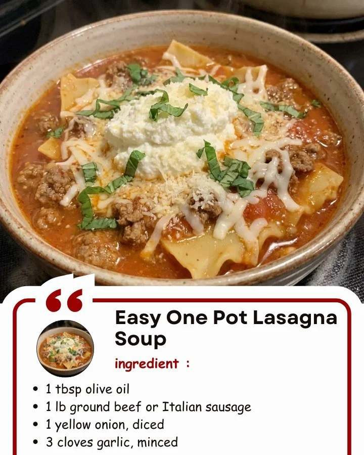 Delicious Easy One Pot Lasagna Soup in a bowl, garnished with cheese and herbs.