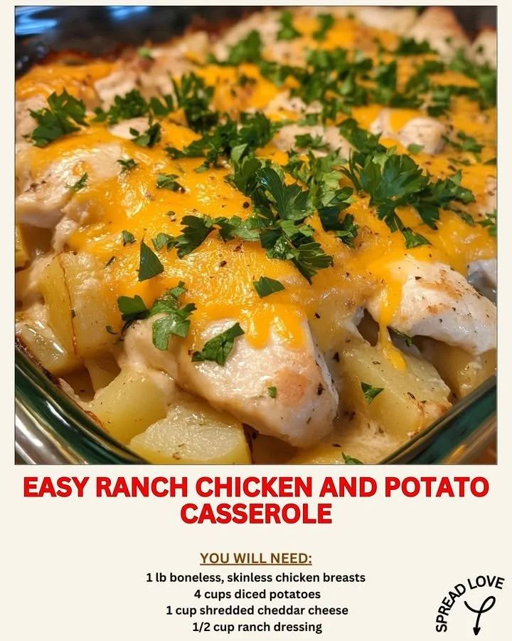 Easy ranch chicken and potato casserole dish ready to serve