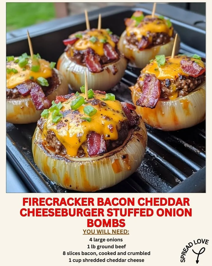 Firecracker Bacon Cheddar Cheeseburger Stuffed Onion Bombs ready to serve