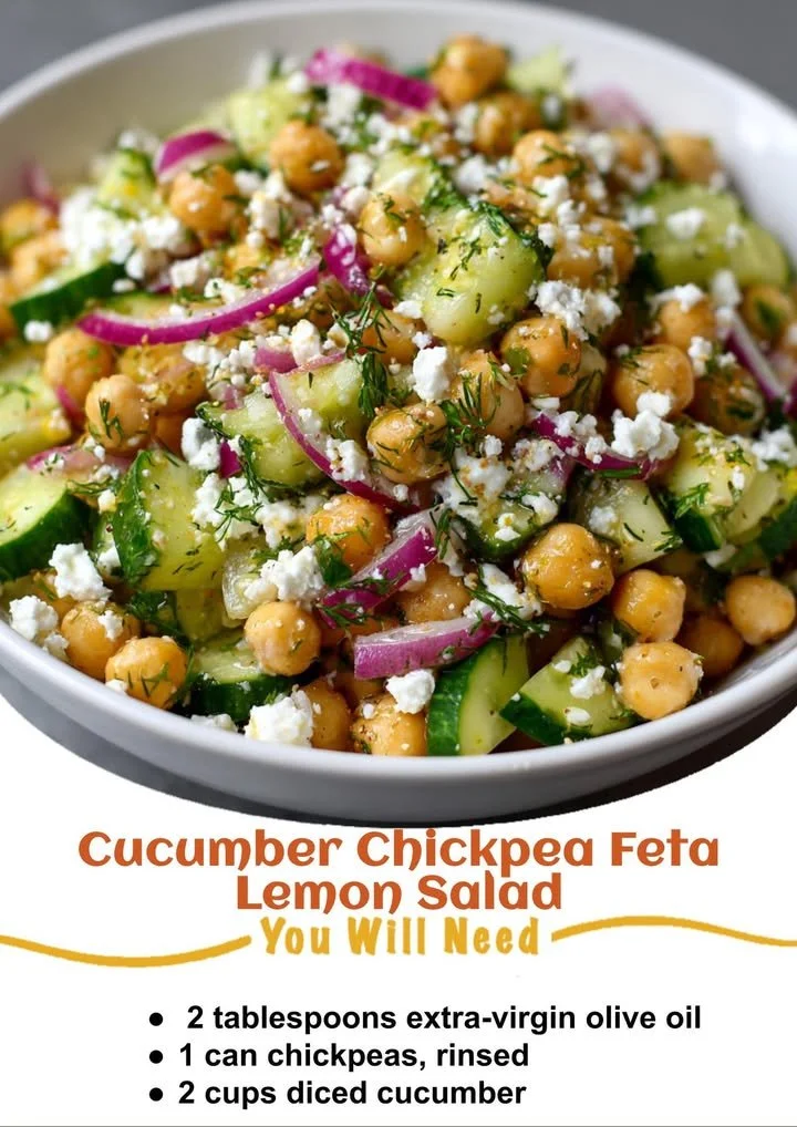Fresh cucumber chickpea salad with vegetables and herbs in a bowl