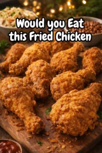 Crispy fried chicken served with sides on a rustic wooden table