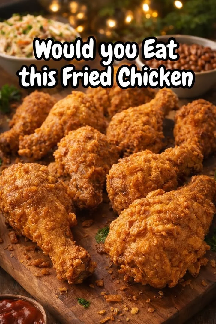 Crispy fried chicken served with sides on a rustic wooden table