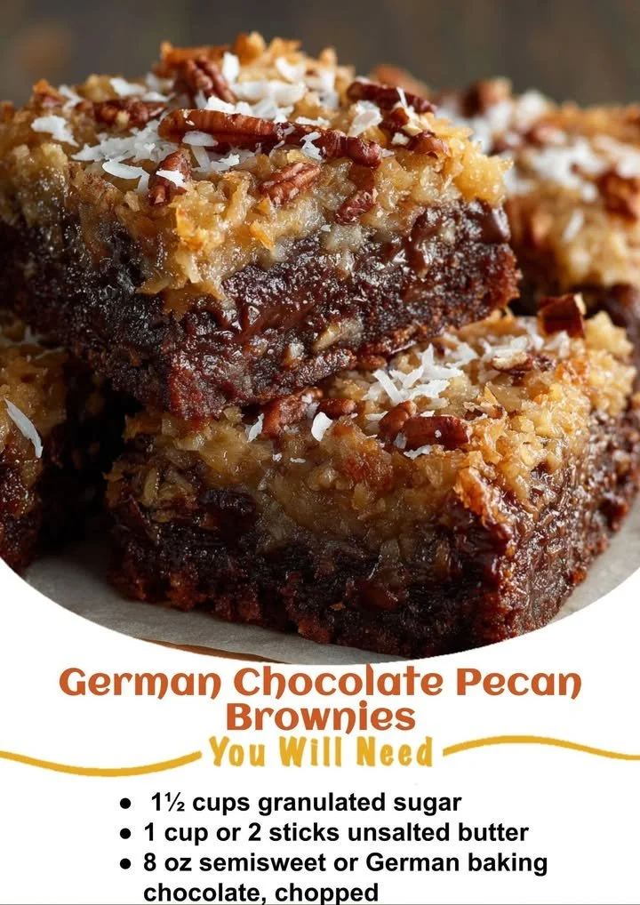German chocolate pecan brownies with a delicious chocolate topping