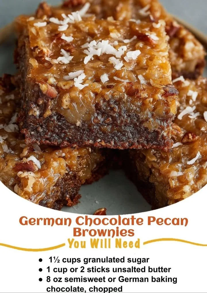 Delicious German Chocolate Pecan Brownies with chocolate and pecan topping