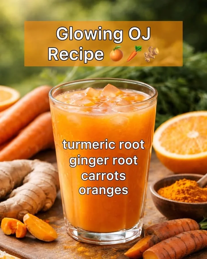 A glass of glowing OJ filled with fresh orange juice and vibrant colors.