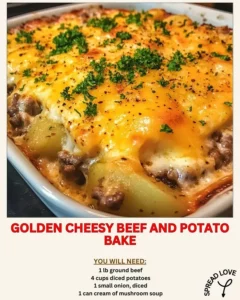 Golden cheesy beef and potato bake served on a plate