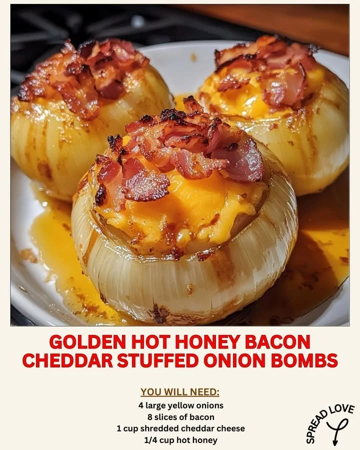 Golden Hot Honey Bacon Cheddar Stuffed Onion Bombs on a serving platter