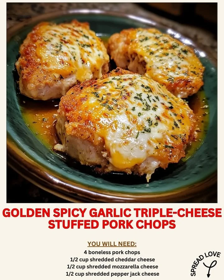 Golden Spicy Garlic Triple-Cheese Stuffed Pork Chops ready for serving