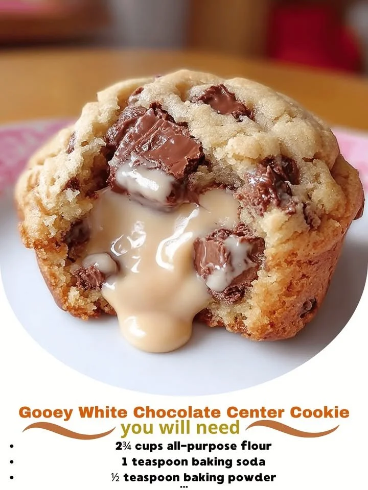 Gooey white chocolate center cookie fresh out of the oven