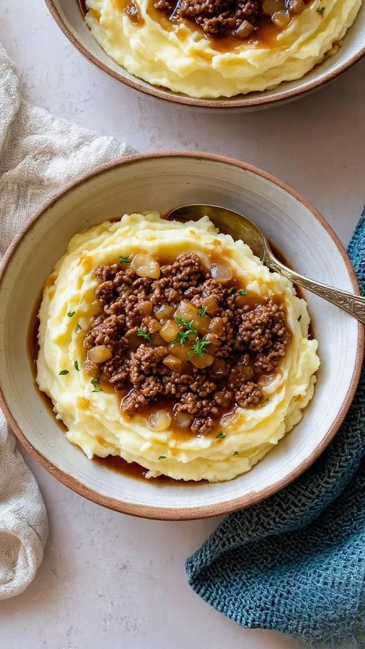 Ground beef and gravy over mashed potatoes, a comforting dinner dish