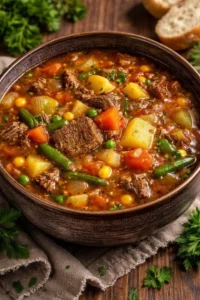 A bowl of ground beef vegetable soup with fresh ingredients and garnishes.