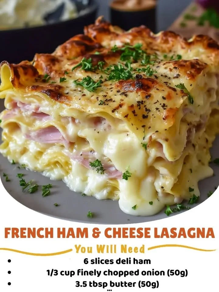 Delicious ham and cheese lasagna layered with creamy Mornay sauce