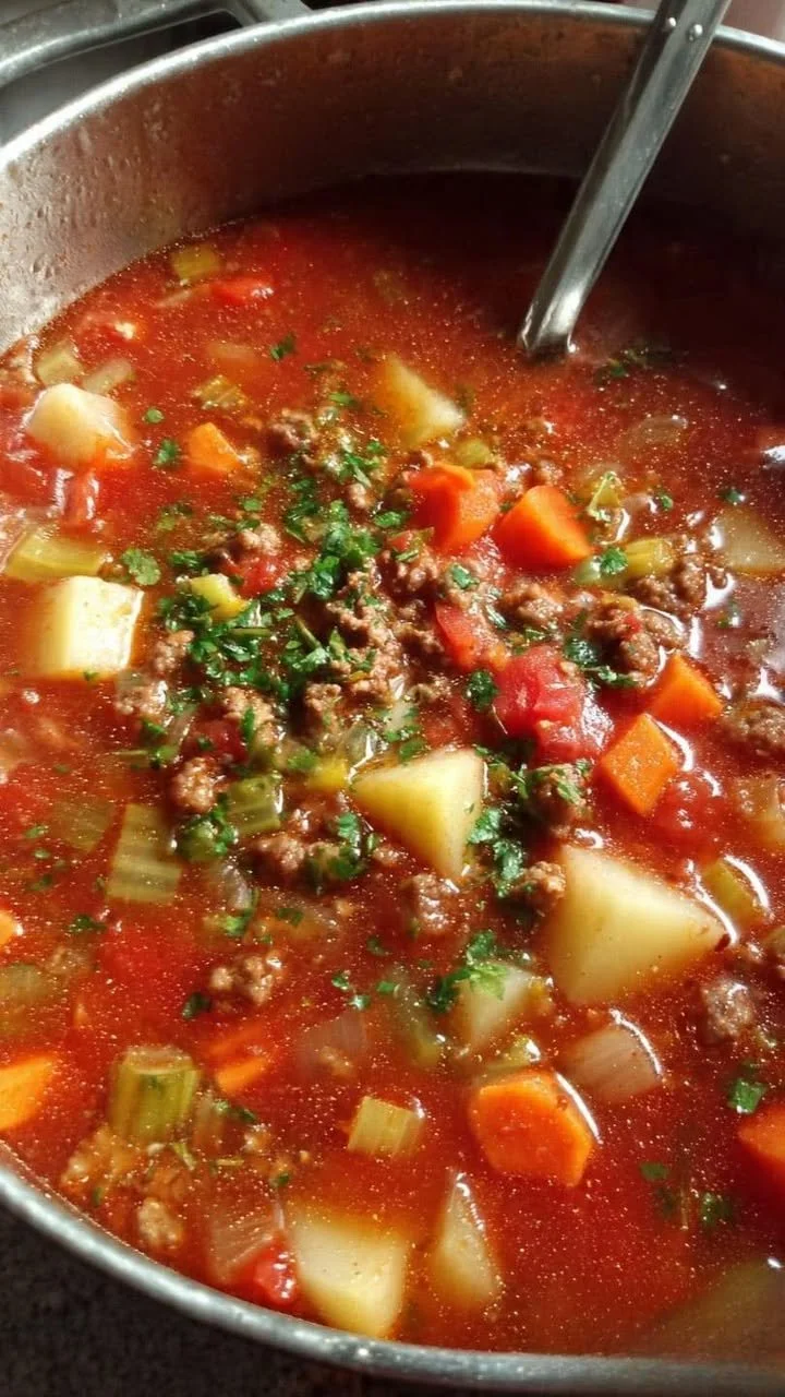 Bowl of hearty Hamburger Soup topped with fresh herbs and vegetables