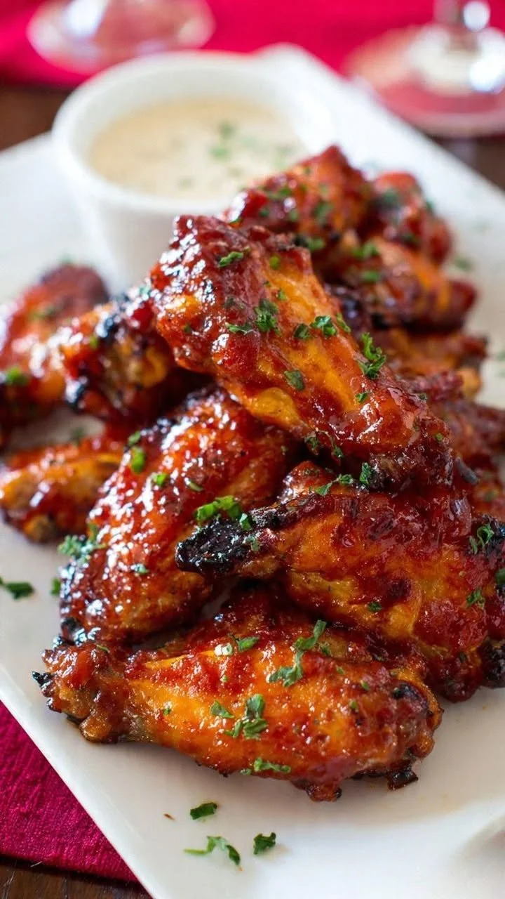 Delicious honey BBQ chicken wings served on a platter