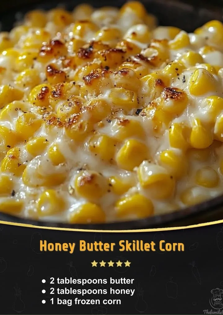 Delicious honey butter skillet corn served in a rustic cast iron skillet