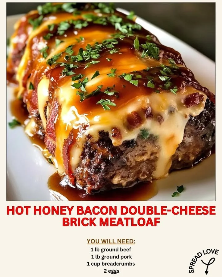Hot Honey Bacon Double-Cheese Brick Meatloaf served on a plate
