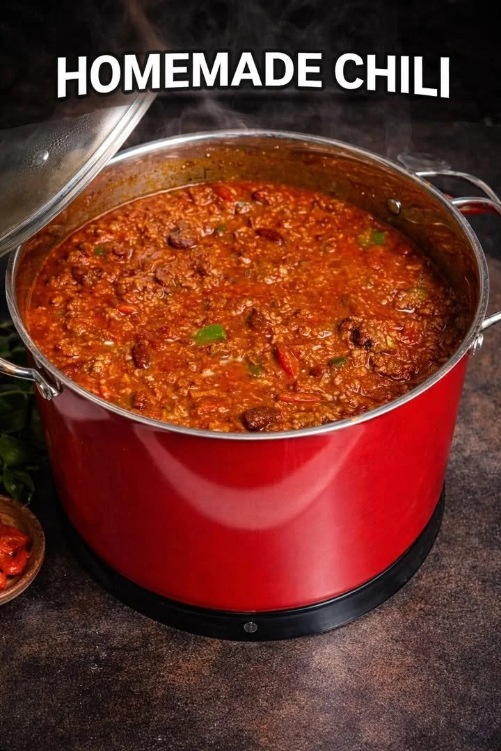 A large pot of homemade chilli simmering on the stove