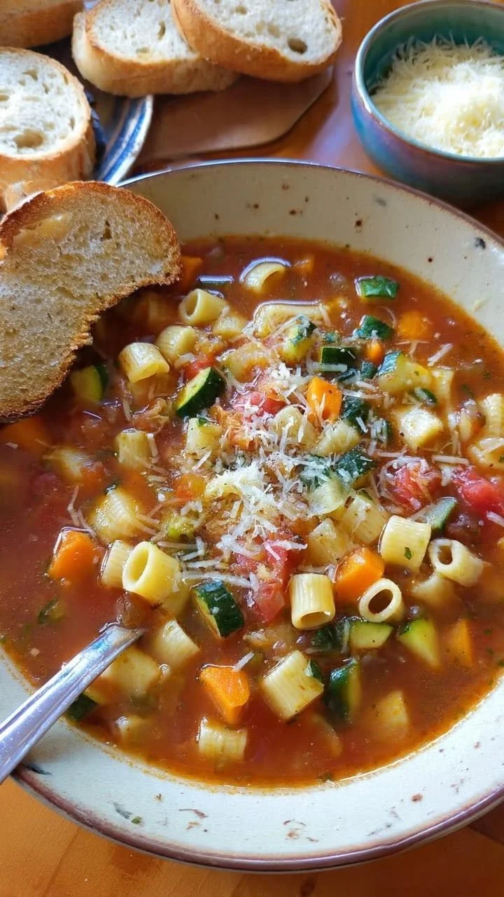 Bowl of homemade Italian minestrone soup with fresh vegetables and herbs.