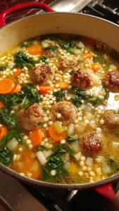 Bowl of Italian Wedding Soup with meatballs, greens, and broth