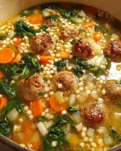 Bowl of homemade Italian Wedding Soup with meatballs and vegetables