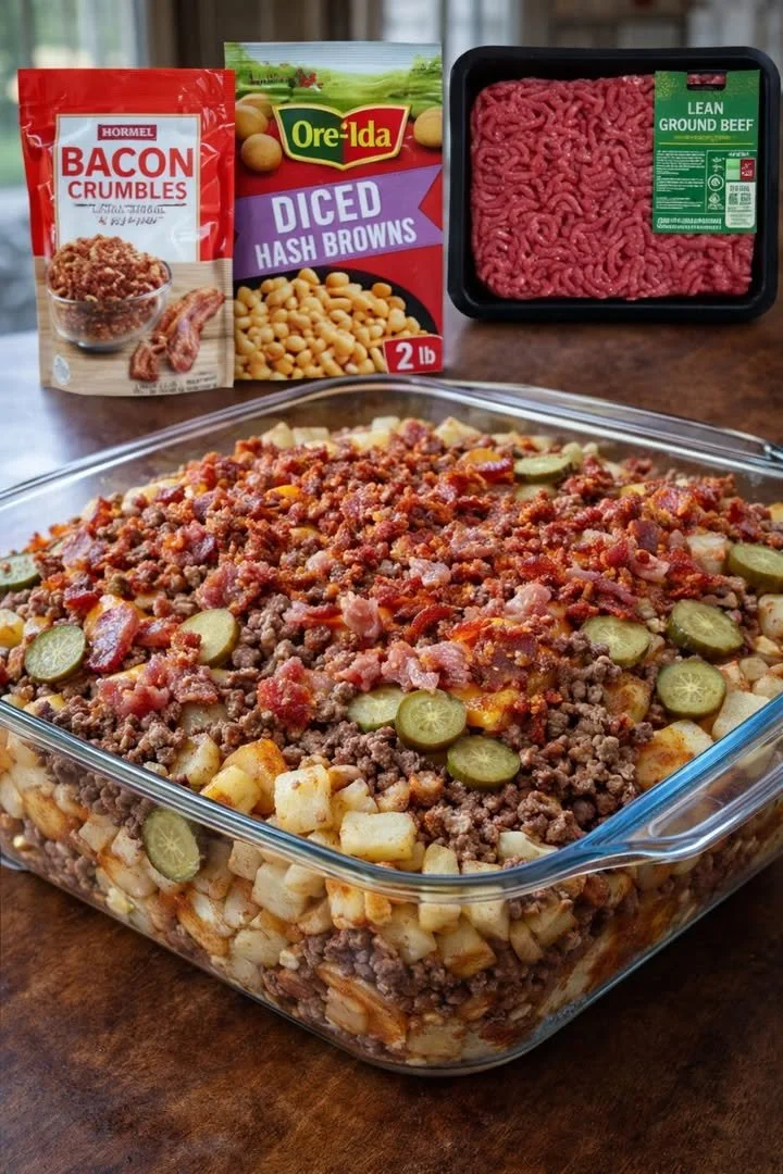 Loaded bacon cheeseburger and potato bake topped with melted cheese and crispy bacon.