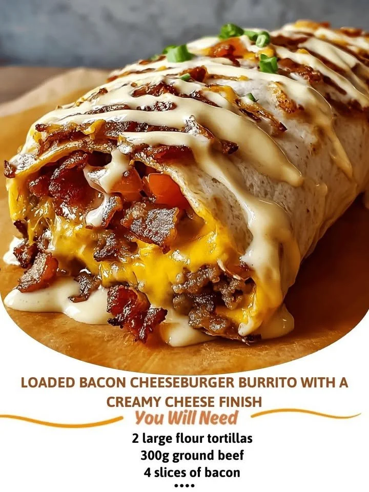 Loaded bacon cheeseburger burrito with creamy cheese topping