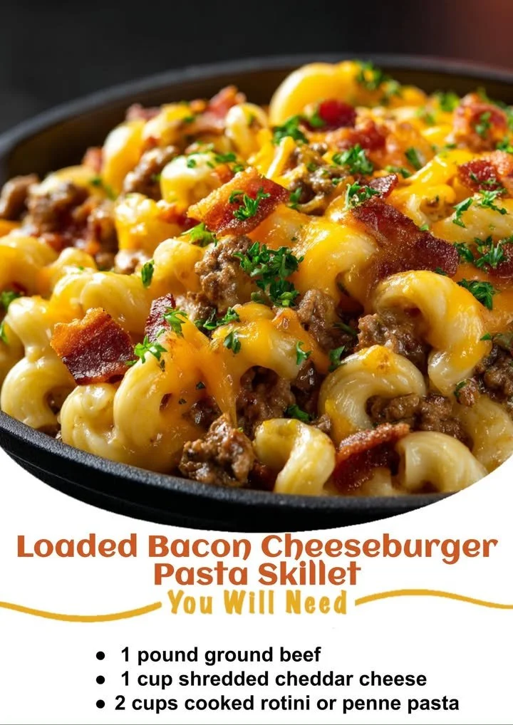 Creamy Loaded Bacon Cheeseburger Pasta with cheese and crispy bacon.