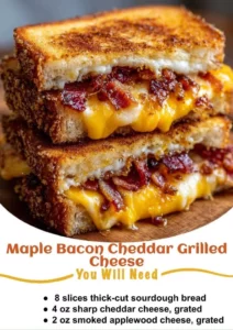 Maple Bacon Cheddar Grilled Cheese sandwich on a plate with crispy bacon and melted cheese