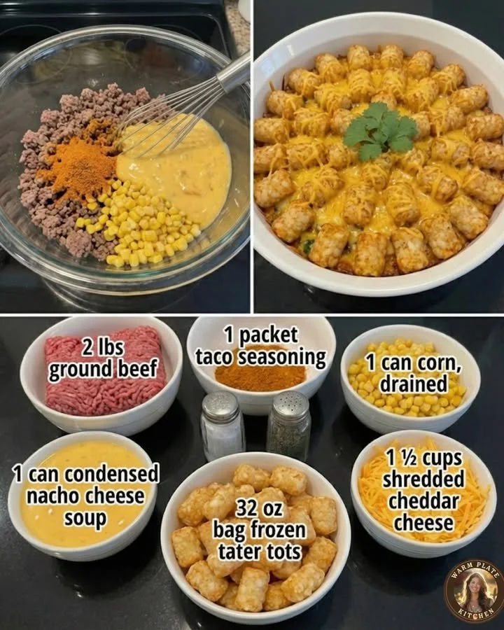 Mexican-Style Potato Puff Casserole topped with cheese and spices