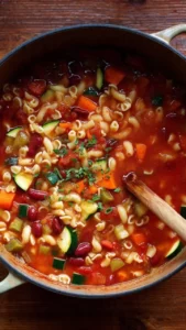 Delicious minestrone soup with fresh vegetables in a warm bowl