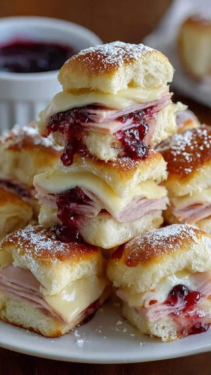 Plate of Monte Cristo sliders with ham, turkey, and melted cheese.