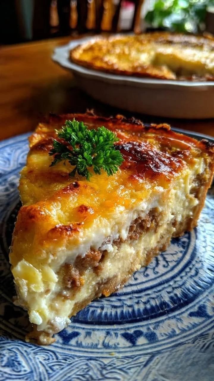 Delicious Monterey Sausage Pie served on a wooden table.