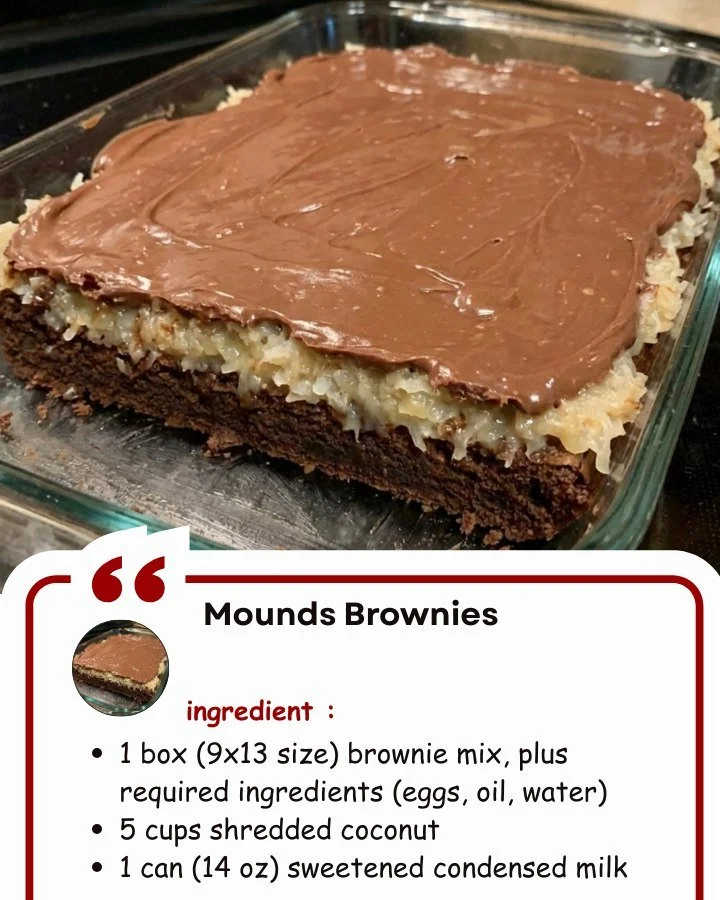 Delicious homemade Mounds Brownies with chocolate and coconut toppings
