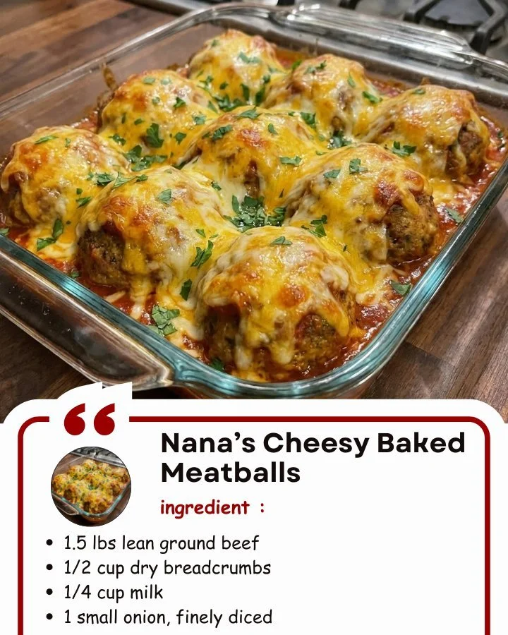 Delicious Nana’s cheesy baked meatballs on a plate with marinara sauce