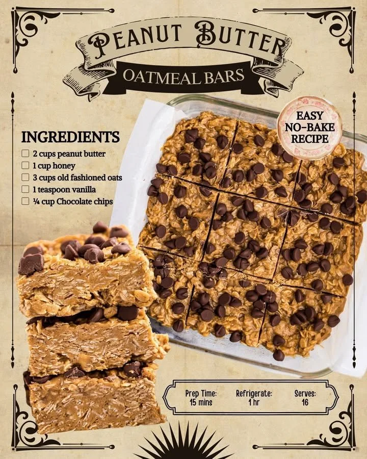No bake peanut butter oatmeal bars topped with chocolate and nuts on a wooden table.