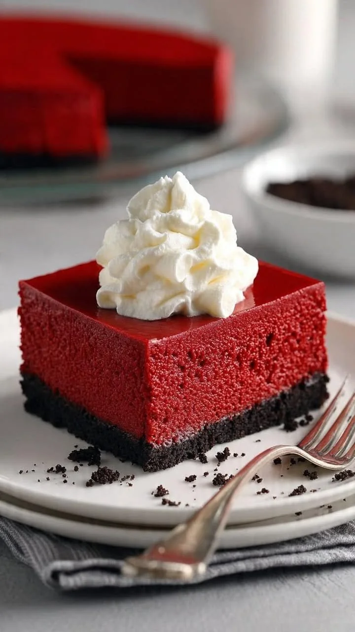 No Bake Red Velvet Cheesecake topped with cream and chocolate shavings.