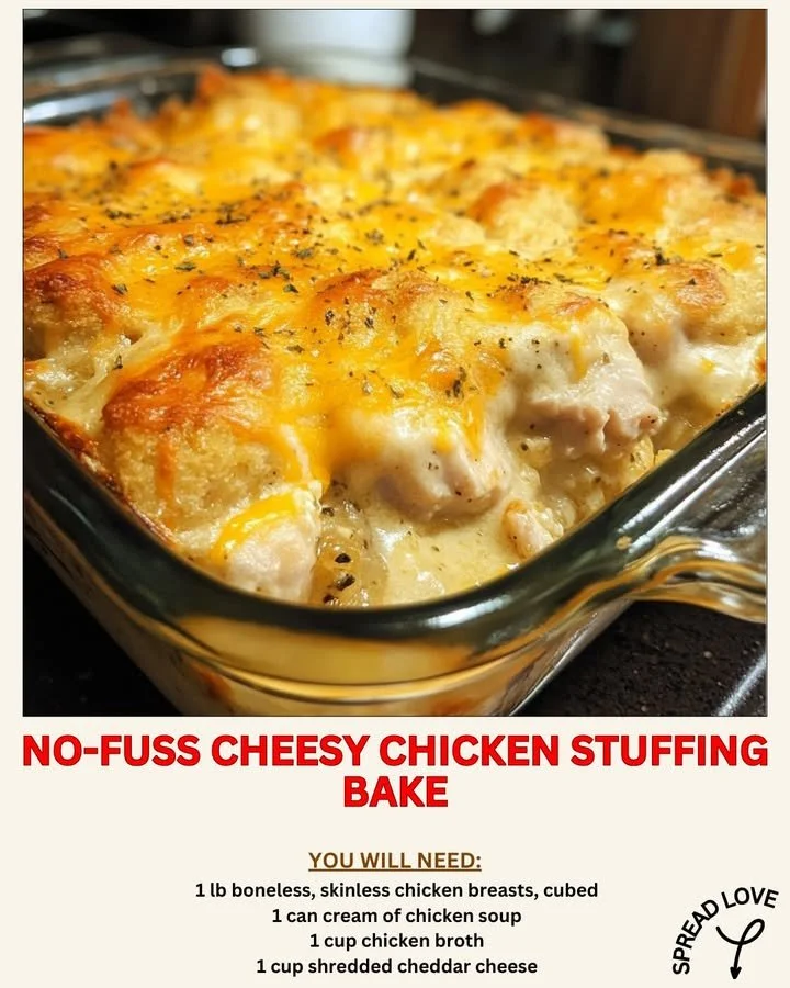No-Fuss Cheesy Chicken Stuffing Bake recipe with cheesy topping and chicken.