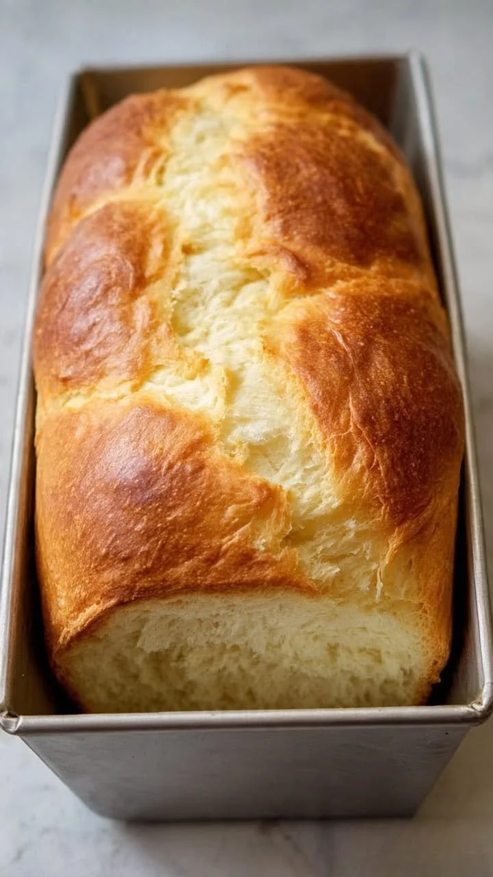 Loaf of no-knead soft sandwich bread on a wooden cutting board