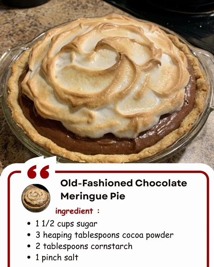 Slice of old-fashioned Chocolate Meringue Pie with chocolate filling and meringue topping