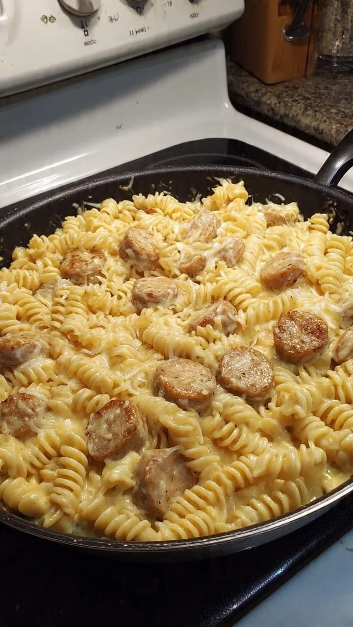 One Pan Creamy Garlic Parmesan Pasta with Sausage dish