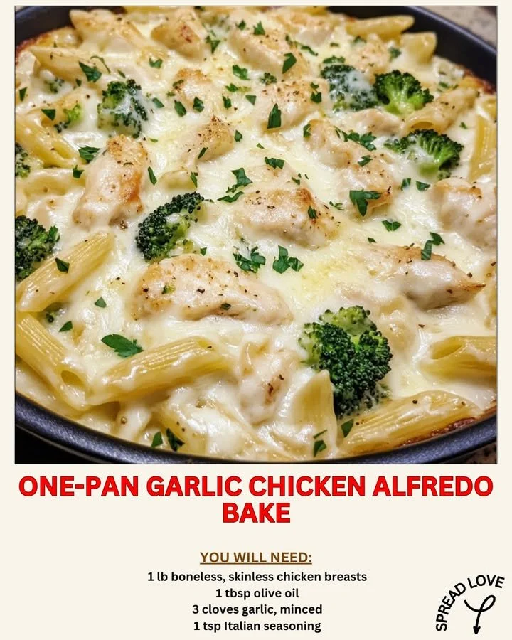Delicious one-pan Garlic Chicken Alfredo Bake topped with parsley