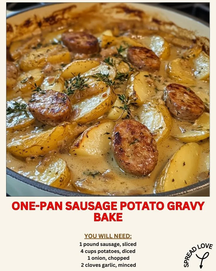 One-Pan Sausage Potato Gravy Bake served on a plate
